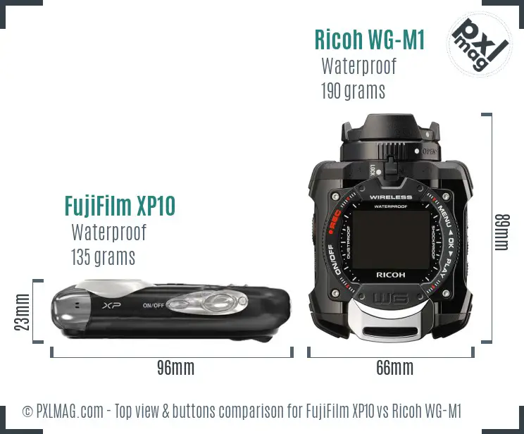 FujiFilm XP10 vs Ricoh WG-M1 top view buttons comparison