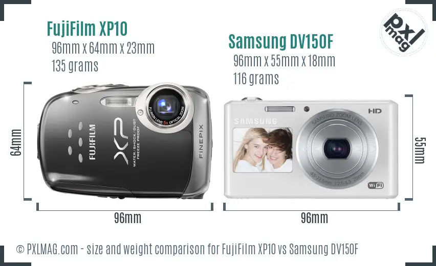 FujiFilm XP10 vs Samsung DV150F size comparison