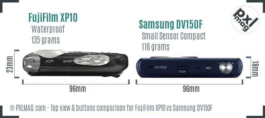 FujiFilm XP10 vs Samsung DV150F top view buttons comparison