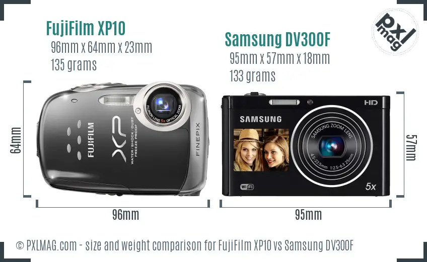 FujiFilm XP10 vs Samsung DV300F size comparison