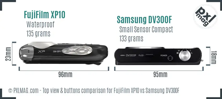 FujiFilm XP10 vs Samsung DV300F top view buttons comparison
