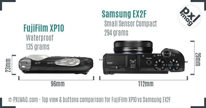 FujiFilm XP10 vs Samsung EX2F top view buttons comparison FujiFilm XP10 vs Samsung EX2F top view buttons comparison