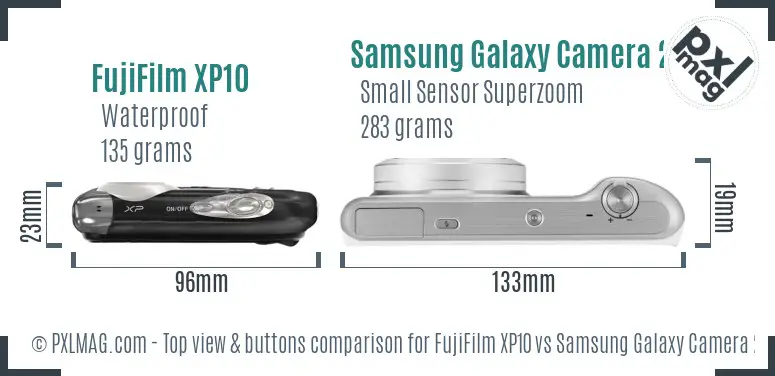 FujiFilm XP10 vs Samsung Galaxy Camera 2 top view buttons comparison FujiFilm XP10 vs Samsung Galaxy Camera 2 top view buttons comparison