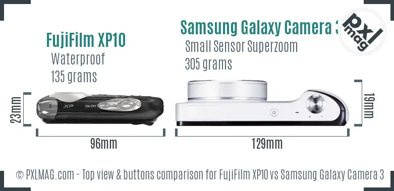 FujiFilm XP10 vs Samsung Galaxy Camera 3G top view buttons comparison