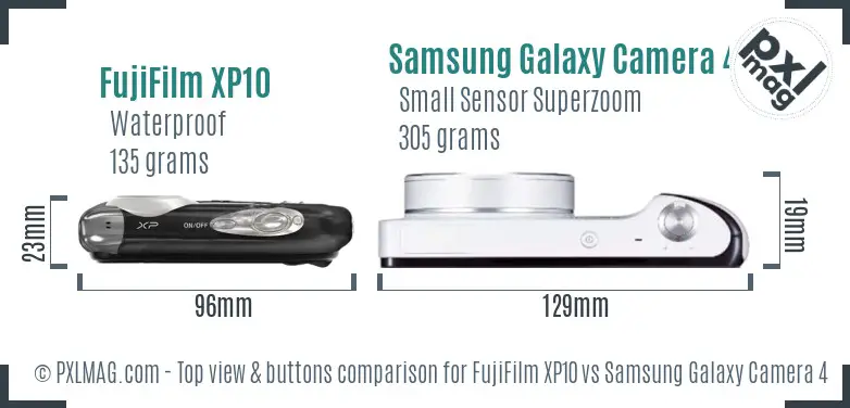FujiFilm XP10 vs Samsung Galaxy Camera 4G top view buttons comparison