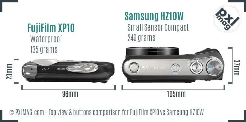 FujiFilm XP10 vs Samsung HZ10W top view buttons comparison