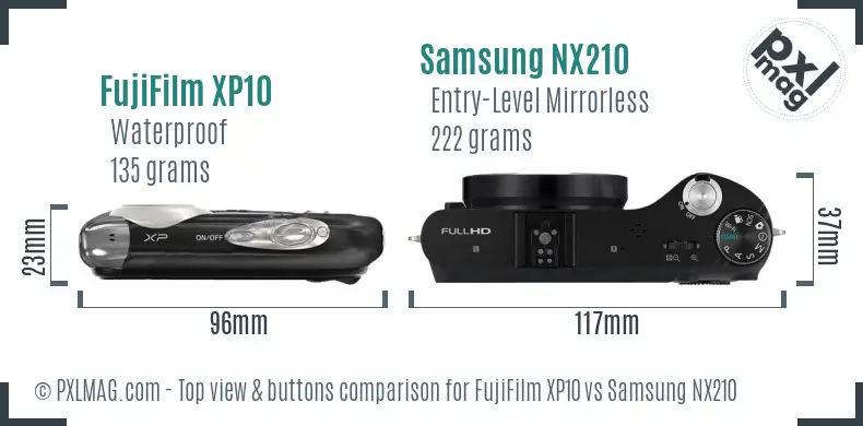 FujiFilm XP10 vs Samsung NX210 top view buttons comparison