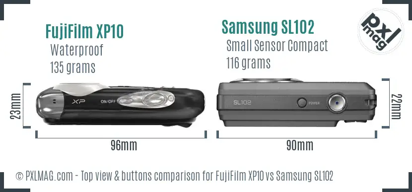 FujiFilm XP10 vs Samsung SL102 top view buttons comparison FujiFilm XP10 vs Samsung SL102 top view buttons comparison