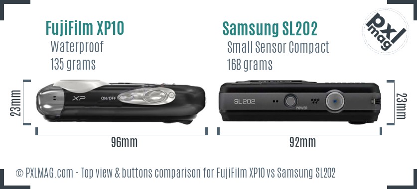 FujiFilm XP10 vs Samsung SL202 top view buttons comparison