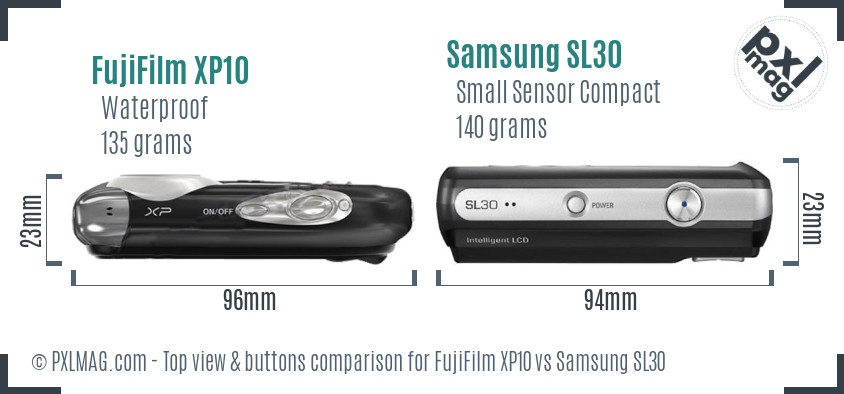 FujiFilm XP10 vs Samsung SL30 top view buttons comparison