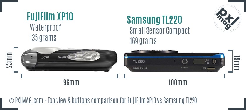 FujiFilm XP10 vs Samsung TL220 top view buttons comparison
