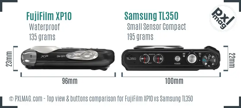 FujiFilm XP10 vs Samsung TL350 top view buttons comparison