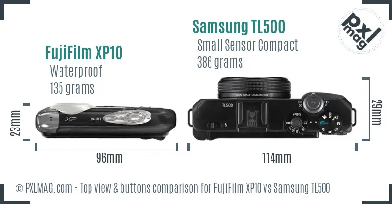 FujiFilm XP10 vs Samsung TL500 top view buttons comparison