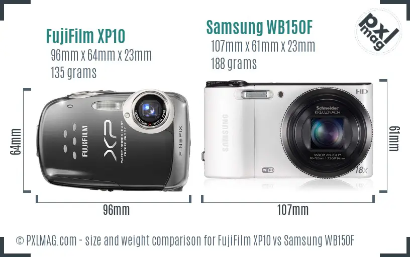 FujiFilm XP10 vs Samsung WB150F size comparison