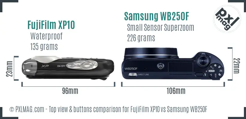 FujiFilm XP10 vs Samsung WB250F top view buttons comparison FujiFilm XP10 vs Samsung WB250F top view buttons comparison