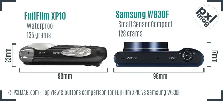 FujiFilm XP10 vs Samsung WB30F top view buttons comparison FujiFilm XP10 vs Samsung WB30F top view buttons comparison