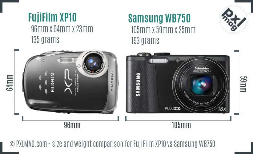 FujiFilm XP10 vs Samsung WB750 size comparison