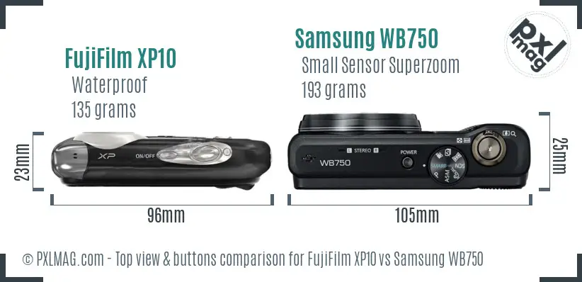 FujiFilm XP10 vs Samsung WB750 top view buttons comparison