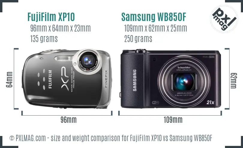 FujiFilm XP10 vs Samsung WB850F size comparison