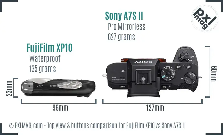 FujiFilm XP10 vs Sony A7S II top view buttons comparison