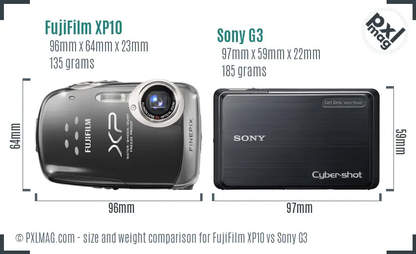 FujiFilm XP10 vs Sony G3 size comparison