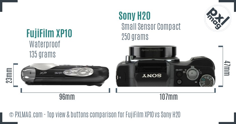 FujiFilm XP10 vs Sony H20 top view buttons comparison