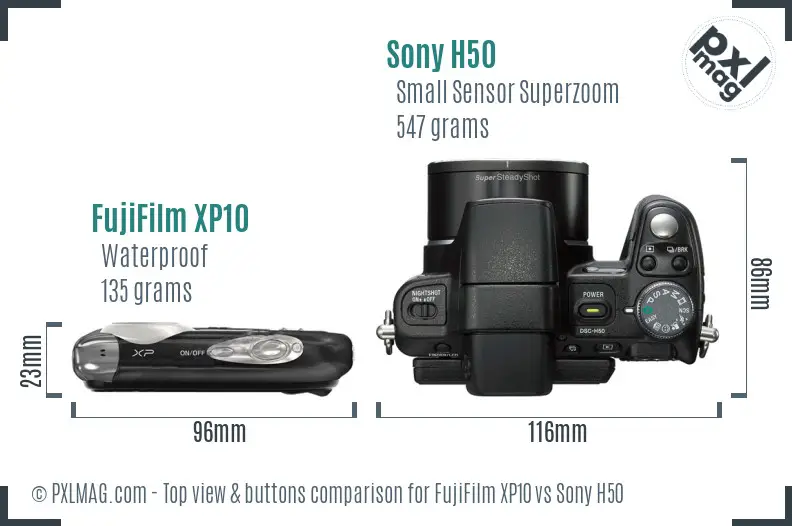 FujiFilm XP10 vs Sony H50 top view buttons comparison FujiFilm XP10 vs Sony H50 top view buttons comparison