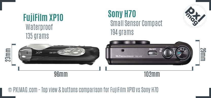 FujiFilm XP10 vs Sony H70 top view buttons comparison