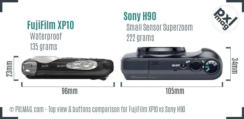 FujiFilm XP10 vs Sony H90 top view buttons comparison FujiFilm XP10 vs Sony H90 top view buttons comparison