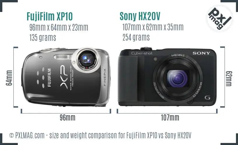 FujiFilm XP10 vs Sony HX20V size comparison