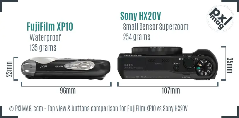 FujiFilm XP10 vs Sony HX20V top view buttons comparison
