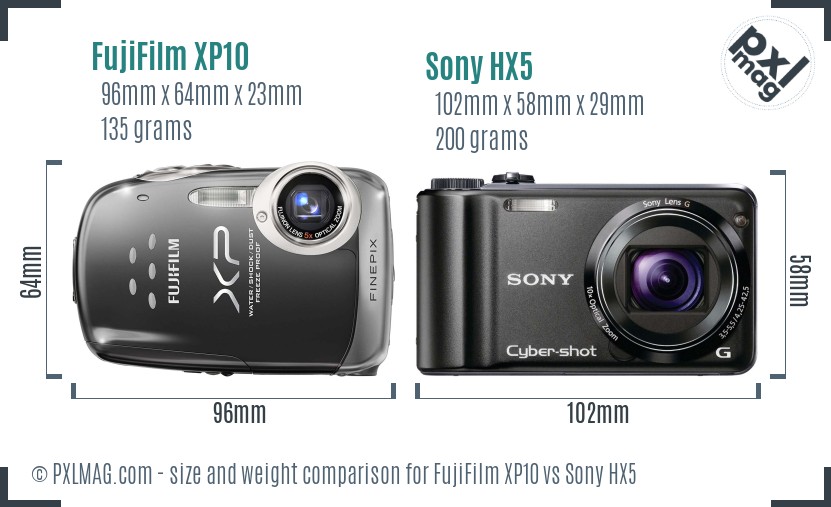 FujiFilm XP10 vs Sony HX5 size comparison
