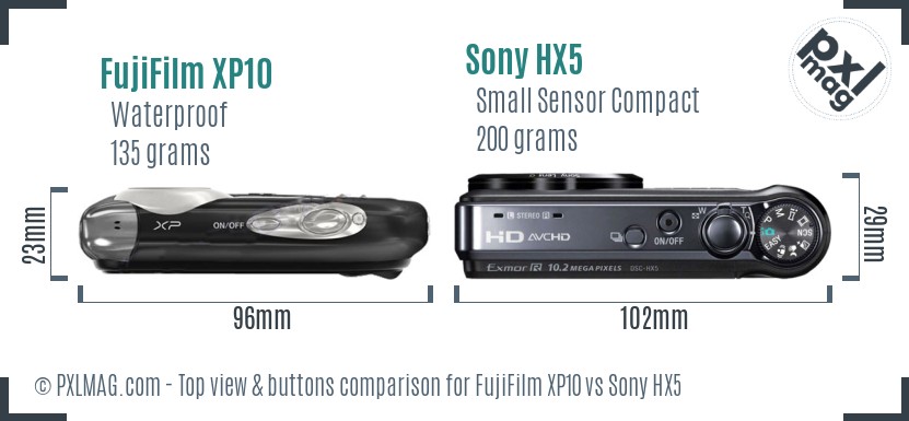 FujiFilm XP10 vs Sony HX5 top view buttons comparison
