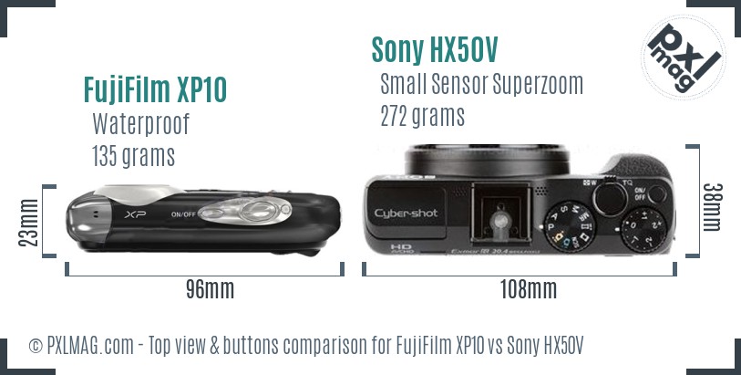 FujiFilm XP10 vs Sony HX50V top view buttons comparison