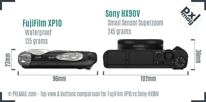 FujiFilm XP10 vs Sony HX90V top view buttons comparison FujiFilm XP10 vs Sony HX90V top view buttons comparison