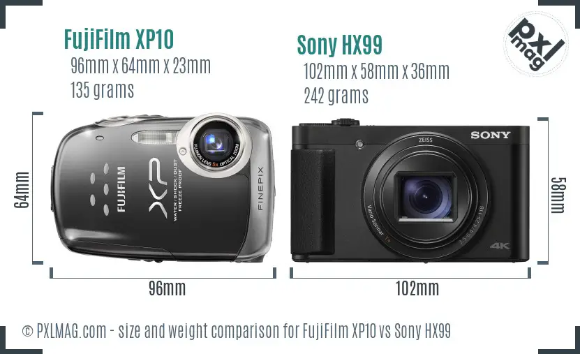 FujiFilm XP10 vs Sony HX99 size comparison