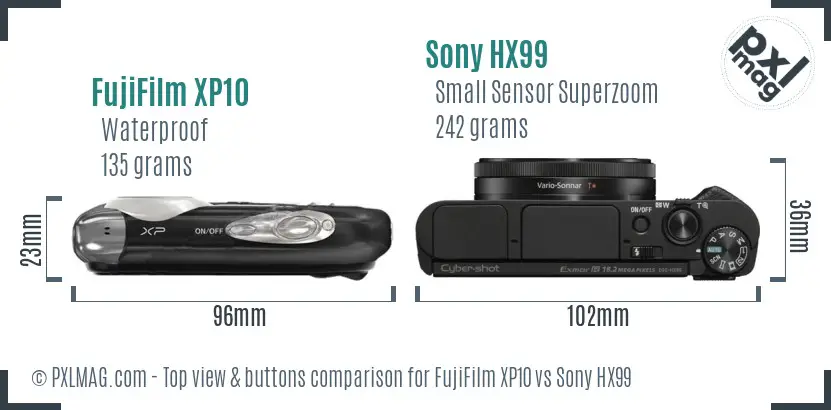 FujiFilm XP10 vs Sony HX99 top view buttons comparison