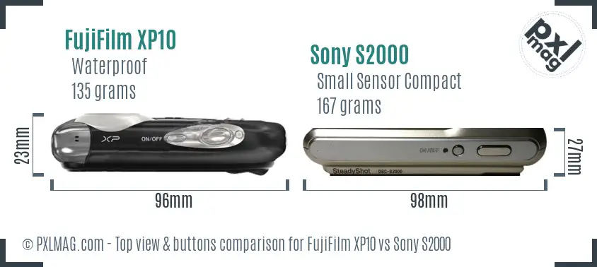 FujiFilm XP10 vs Sony S2000 top view buttons comparison