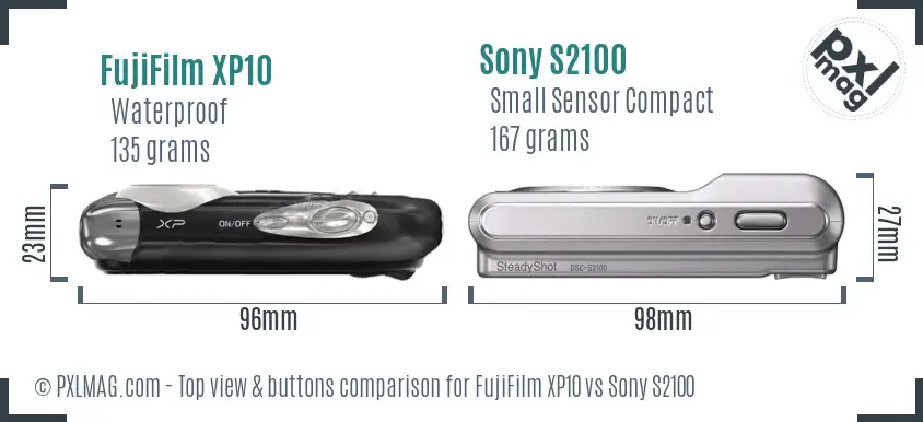 FujiFilm XP10 vs Sony S2100 top view buttons comparison