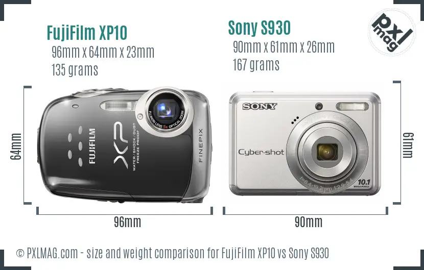 FujiFilm XP10 vs Sony S930 size comparison