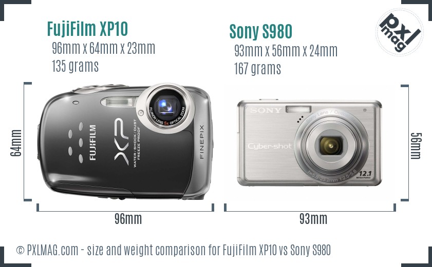FujiFilm XP10 vs Sony S980 size comparison