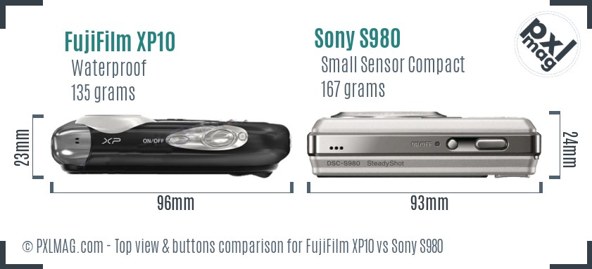 FujiFilm XP10 vs Sony S980 top view buttons comparison