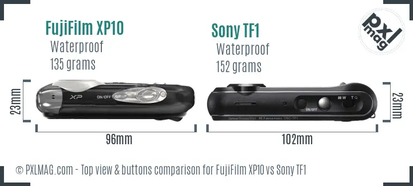 FujiFilm XP10 vs Sony TF1 top view buttons comparison FujiFilm XP10 vs Sony TF1 top view buttons comparison