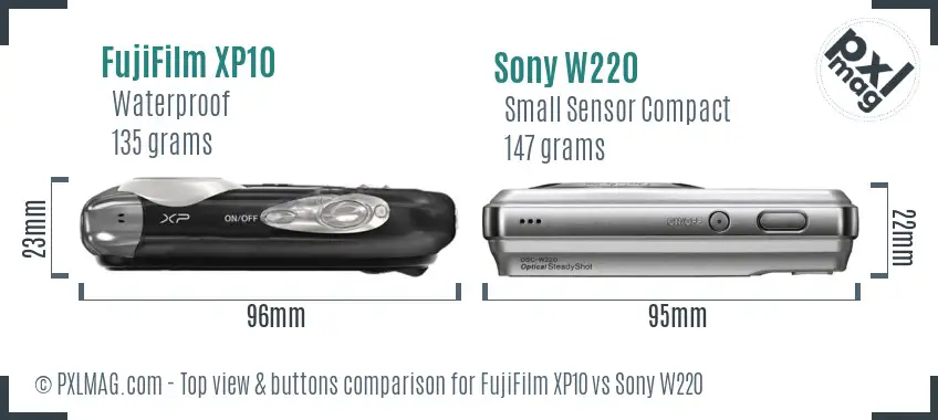 FujiFilm XP10 vs Sony W220 top view buttons comparison FujiFilm XP10 vs Sony W220 top view buttons comparison