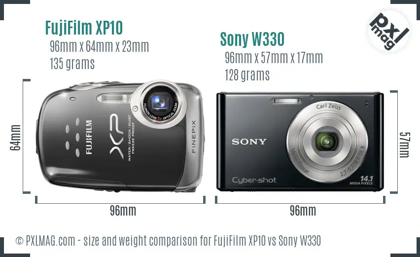 FujiFilm XP10 vs Sony W330 size comparison