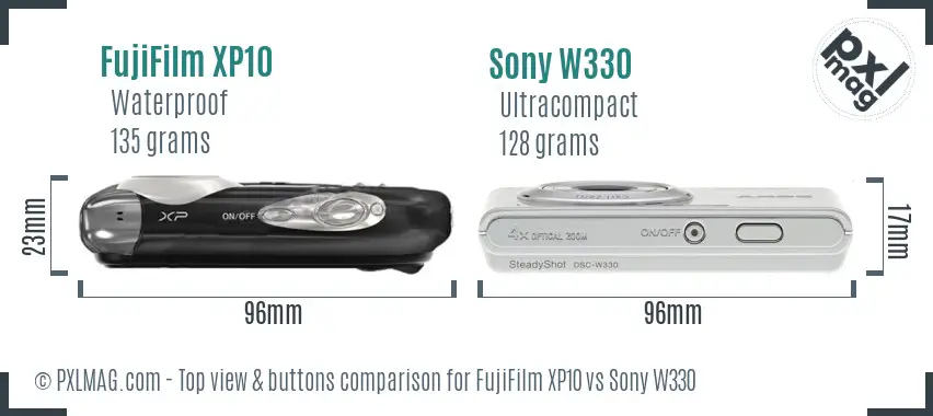 FujiFilm XP10 vs Sony W330 top view buttons comparison