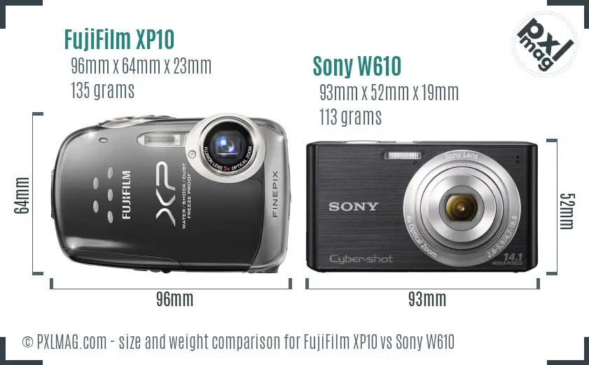 FujiFilm XP10 vs Sony W610 size comparison
