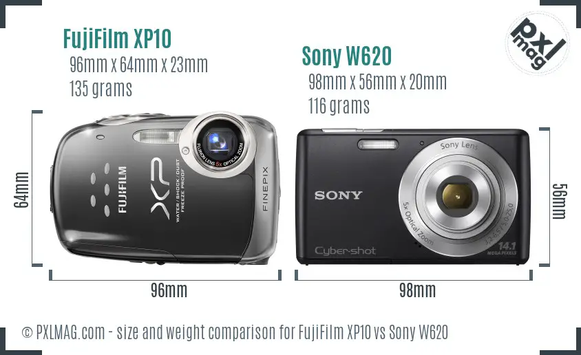 FujiFilm XP10 vs Sony W620 size comparison