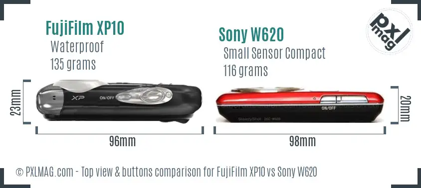 FujiFilm XP10 vs Sony W620 top view buttons comparison