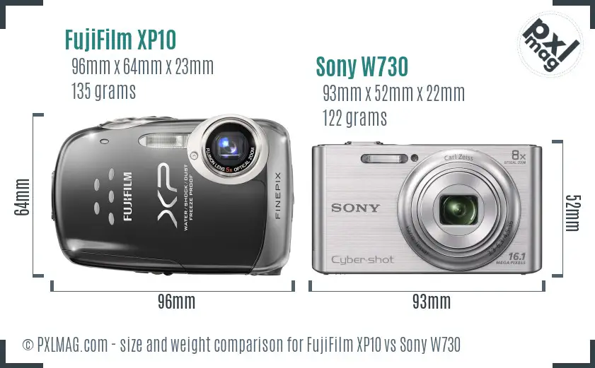 FujiFilm XP10 vs Sony W730 size comparison